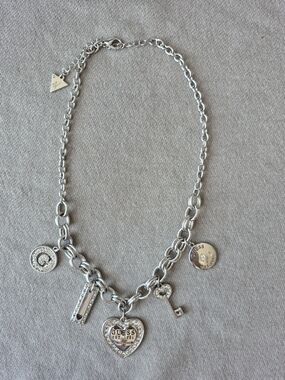 GUESS Silver-Tone Crystal Heart & Charm Necklace in Silver